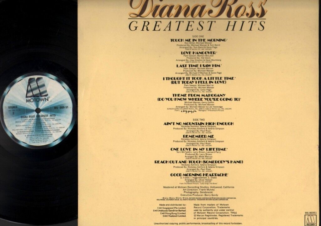 Diana Ross Greatest Hits 1970's Motown EMI Mega Rare Singapore 12" LP ELP457