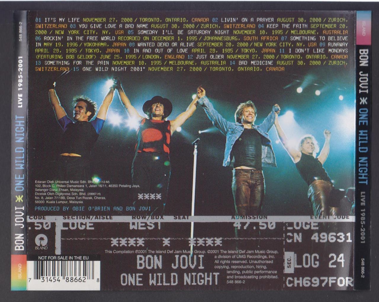 Mega Rare Bon Jovi One Wild Night 2001 Malaysia CD FCS6204