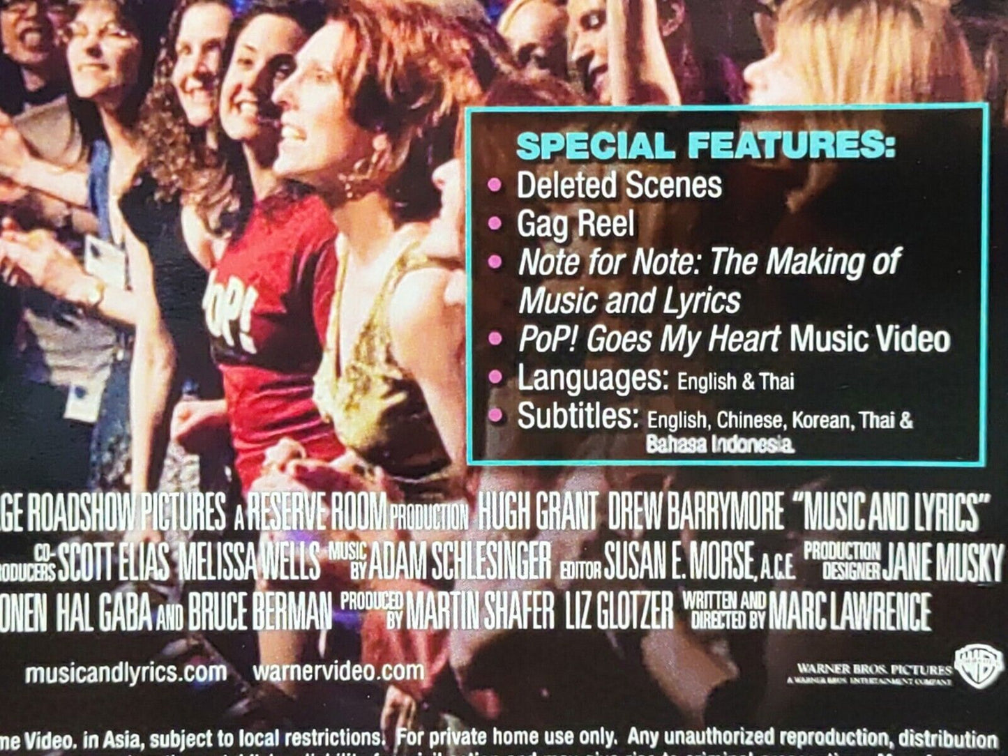 Movie Music and Lyrics Hugh Grant DVD Disc & Cover Region 3 (NO Case) (DC021)