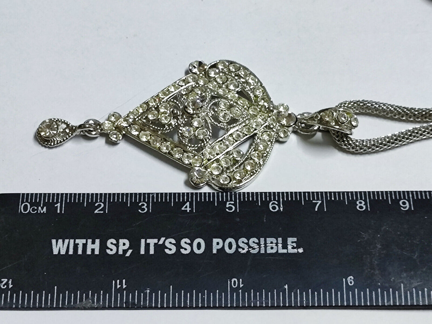 AMM68 STUNNING VINTAGE SILVER TONE 14'' NECKLACE RHINESTONE PENDANT (JF016)