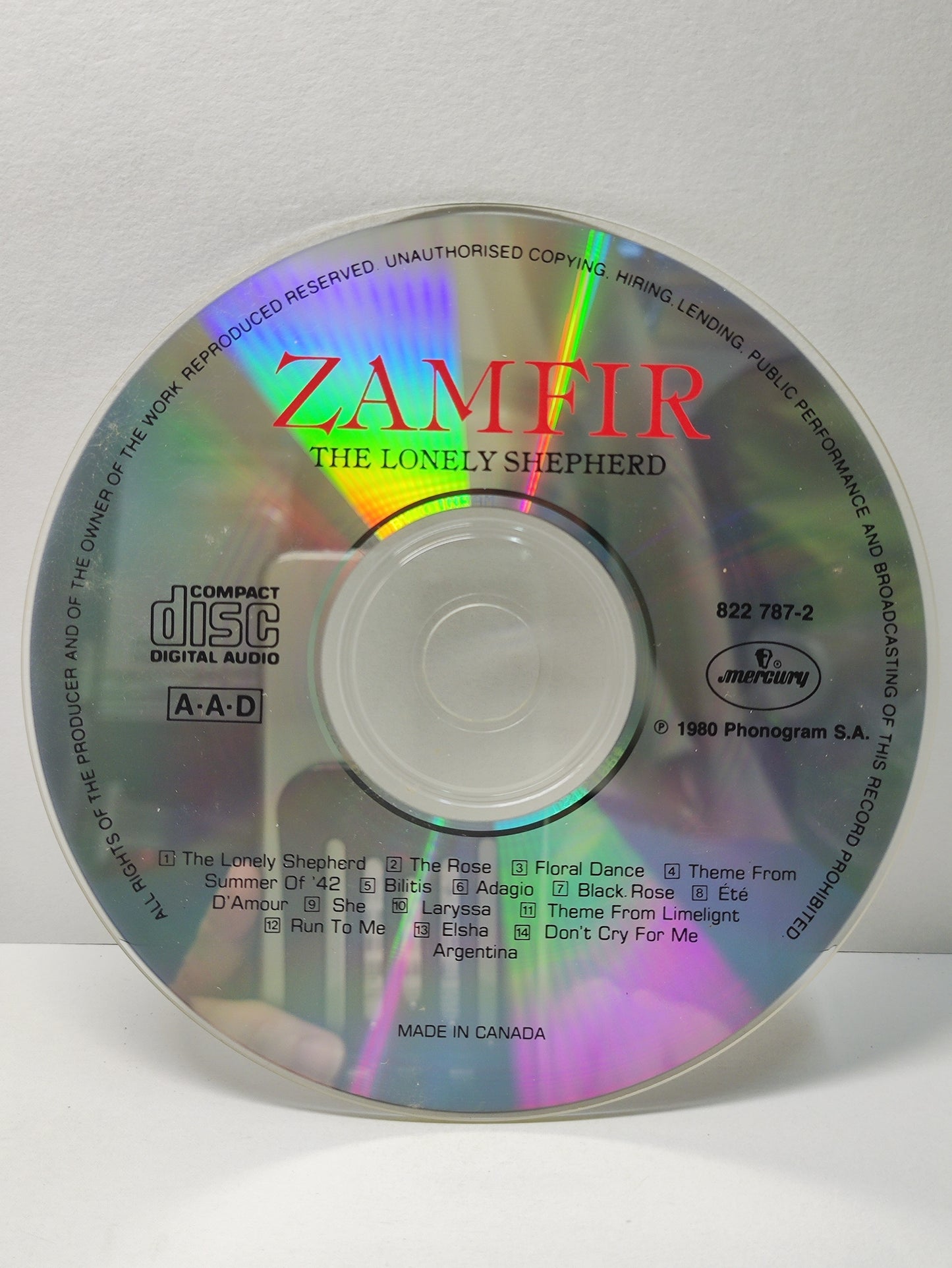 AMM25 ZAMFIR THE LONELY SHEPHERD RUN TO ME DON'T CRY FOR ME ARGENTINA 1980 CANADA ENGLISH CD FCP220