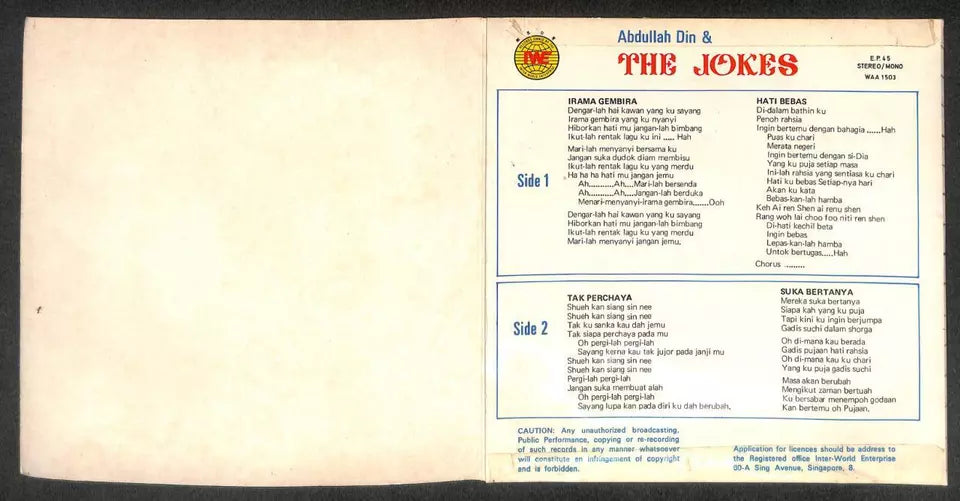 AMM18 Singapore Abdullah Din 1970 & Mega Rare The Jokes Malay Boys Band 7" MEP509