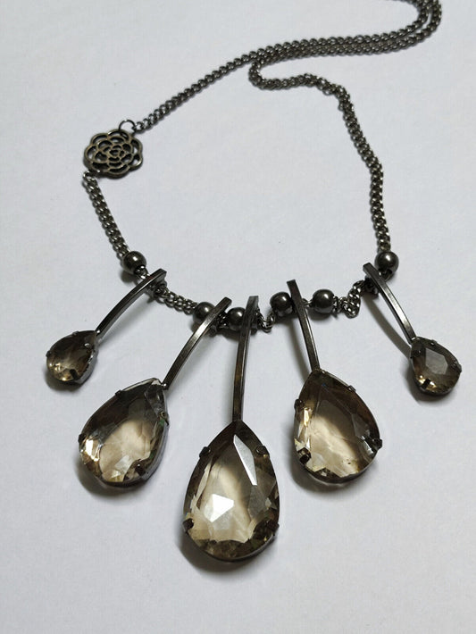 AMM68 STUNNING VINTAGE BLACK TONE 28'' NECKLACE PENDANT GLASS TEARDROPS (JF023)