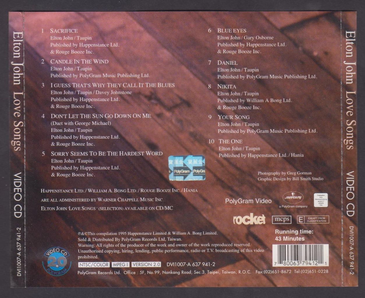 Mega Rare Elton John Love Songs 1995 Taiwan Video CD VCD FCS7008