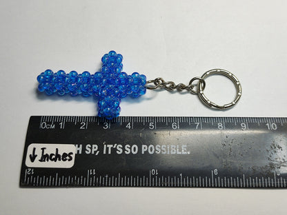 AMM68 STUNNING VINTAGE KEYCHAIN KEYRING BLUE CROSS RHINESTONES BEADED (JF059)