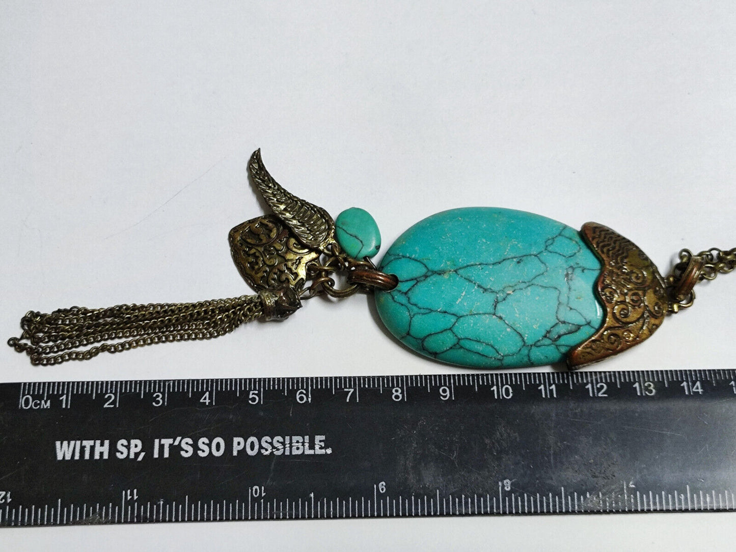 AMM68 STUNNING VINTAGE ESTATE BRONZE TONE 30'' NECKLACE PENDANT TURQUOISE JF011