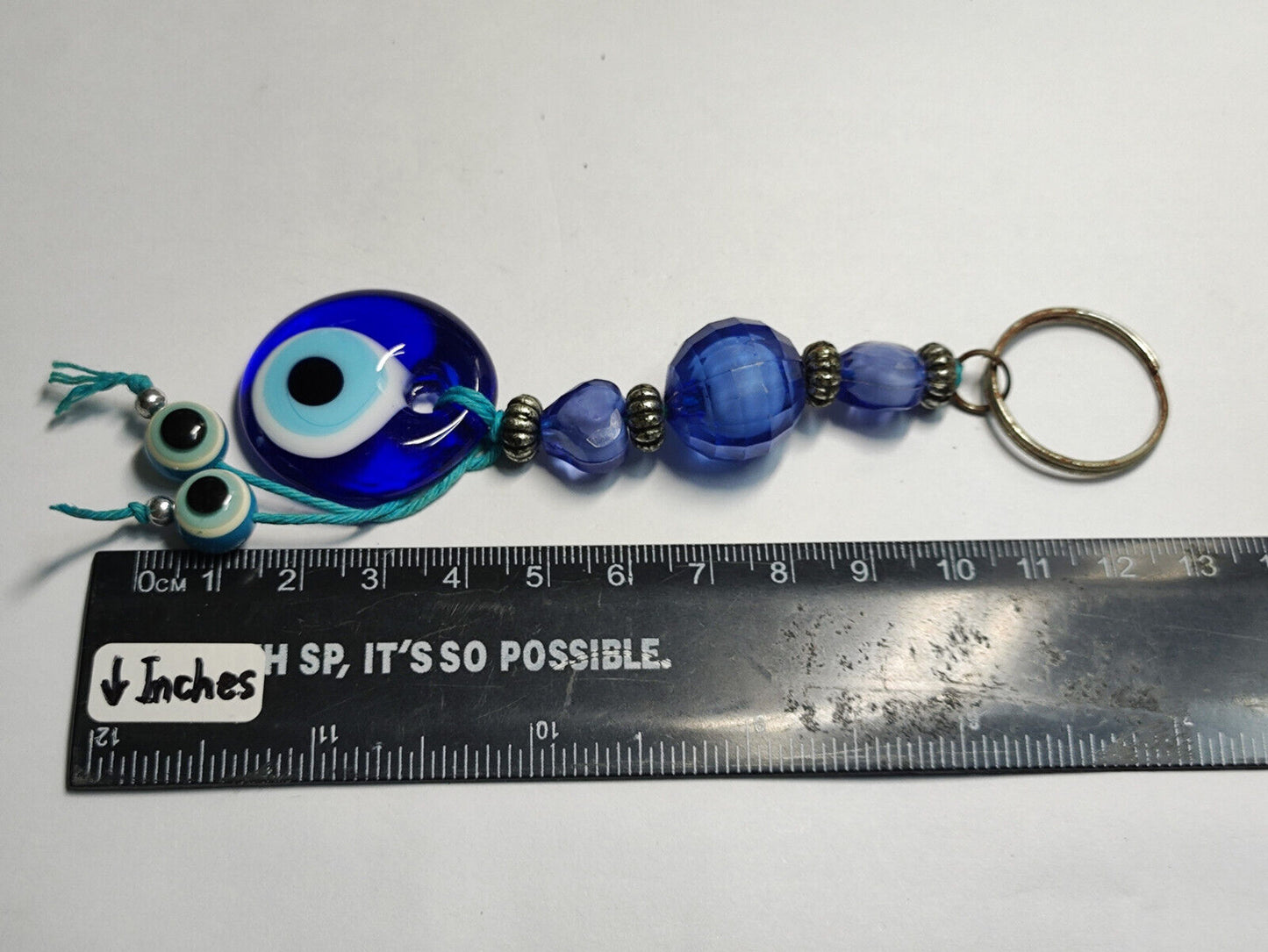 AMM68 STUNNING VINTAGE KEYCHAIN KEYRING BLUE EVIL EYEBALL HANDMADE (JF072)