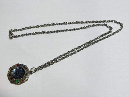AMM68 STUNNING VINTAGE SILVER TONE 24'' NECKLACE  RHINESTONE PENDANT BLUE JF004