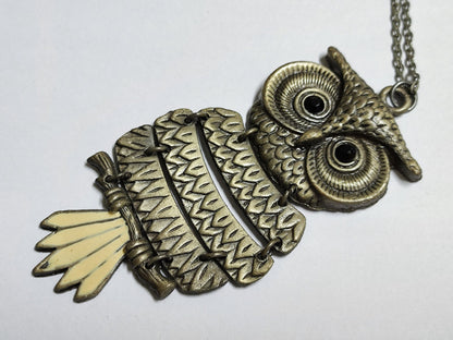 AMM68 STUNNING VINTAGE ESTATE SILVER TONE 30'' NECKLACE PENDANT OWL (JF022)