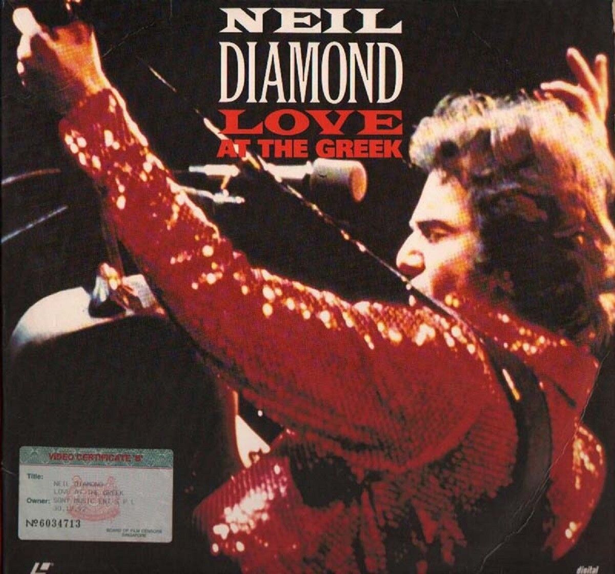 Neil Diamond Love At Greek 1976 Live Singapore Censor Sticker LD Laserdisc LD106