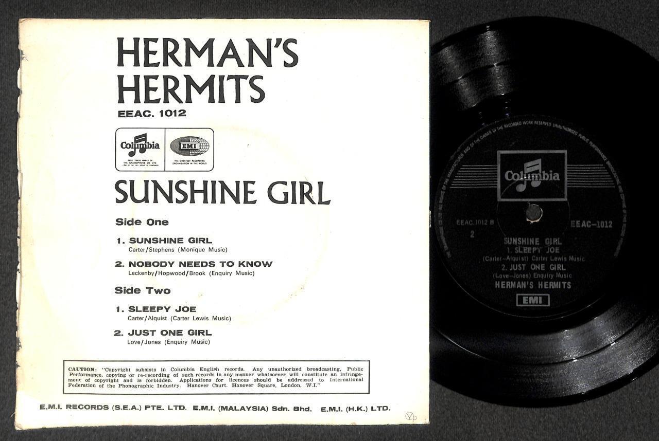 Herman's Hermits Sunshine Girl Mega Rare Singapore 7" EP EMI  EEP1675