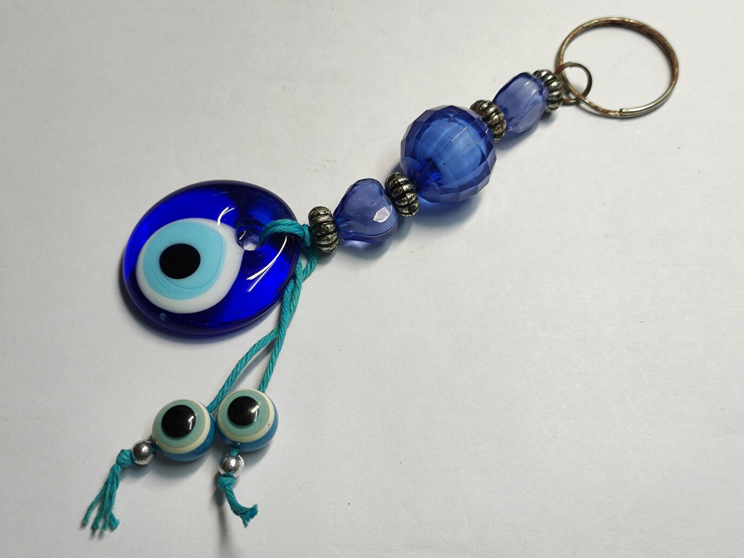 AMM68 STUNNING VINTAGE KEYCHAIN KEYRING BLUE EVIL EYEBALL HANDMADE (JF072)