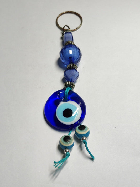 AMM68 STUNNING VINTAGE KEYCHAIN KEYRING BLUE EVIL EYEBALL HANDMADE (JF072)