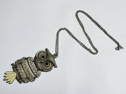 AMM68 STUNNING VINTAGE ESTATE SILVER TONE 30'' NECKLACE PENDANT OWL (JF022)