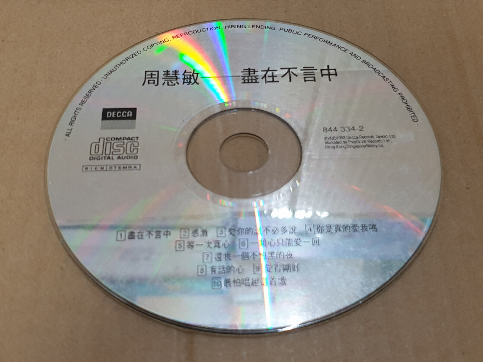 Hong Kong Vivian Chow 周慧敏 1993 尽在不言中 Chinese Singapore CD (FCS10509)