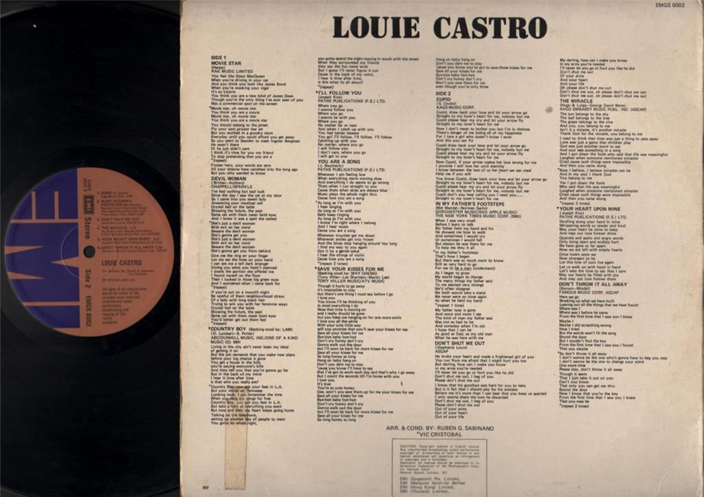 Rare Hong Kong Star & Singer Louie Castro 1976 Movie Star English 12" LP CLP4043