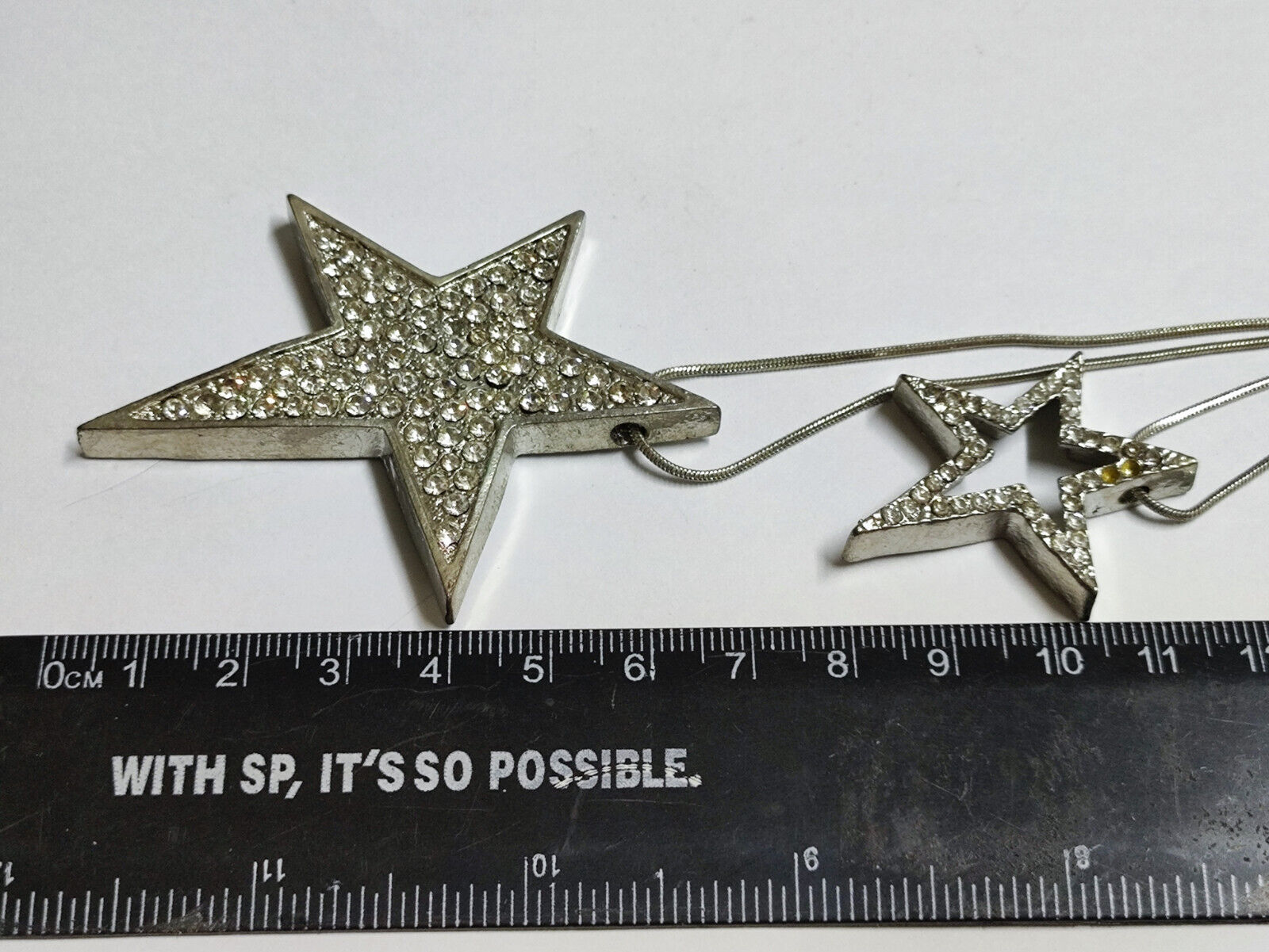 AMM68 STUNNING VINTAGE SILVER TONE 23'' NECKLACE RHINESTONE PENDANT STARS JF013