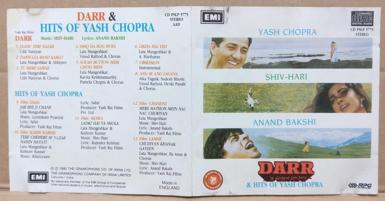 India Bollywood Darr & Hits Of Yash Chopra Shiv-Hari 1993 EMI England CD FCS9125