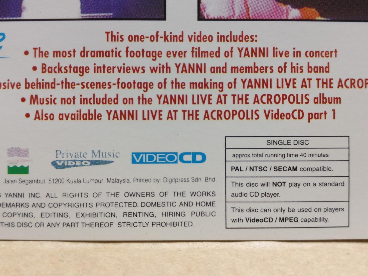 Yanni Live At The Acropolis Part 2 1996 Rare Malaysia Video CD VCD FCS9583