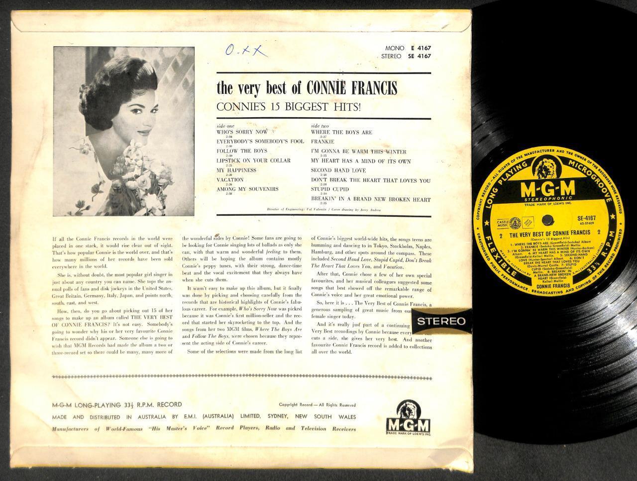 The Best Of Connie Francis Mega Rare Cover & MGM Label Australia 12"  LP ELP2293