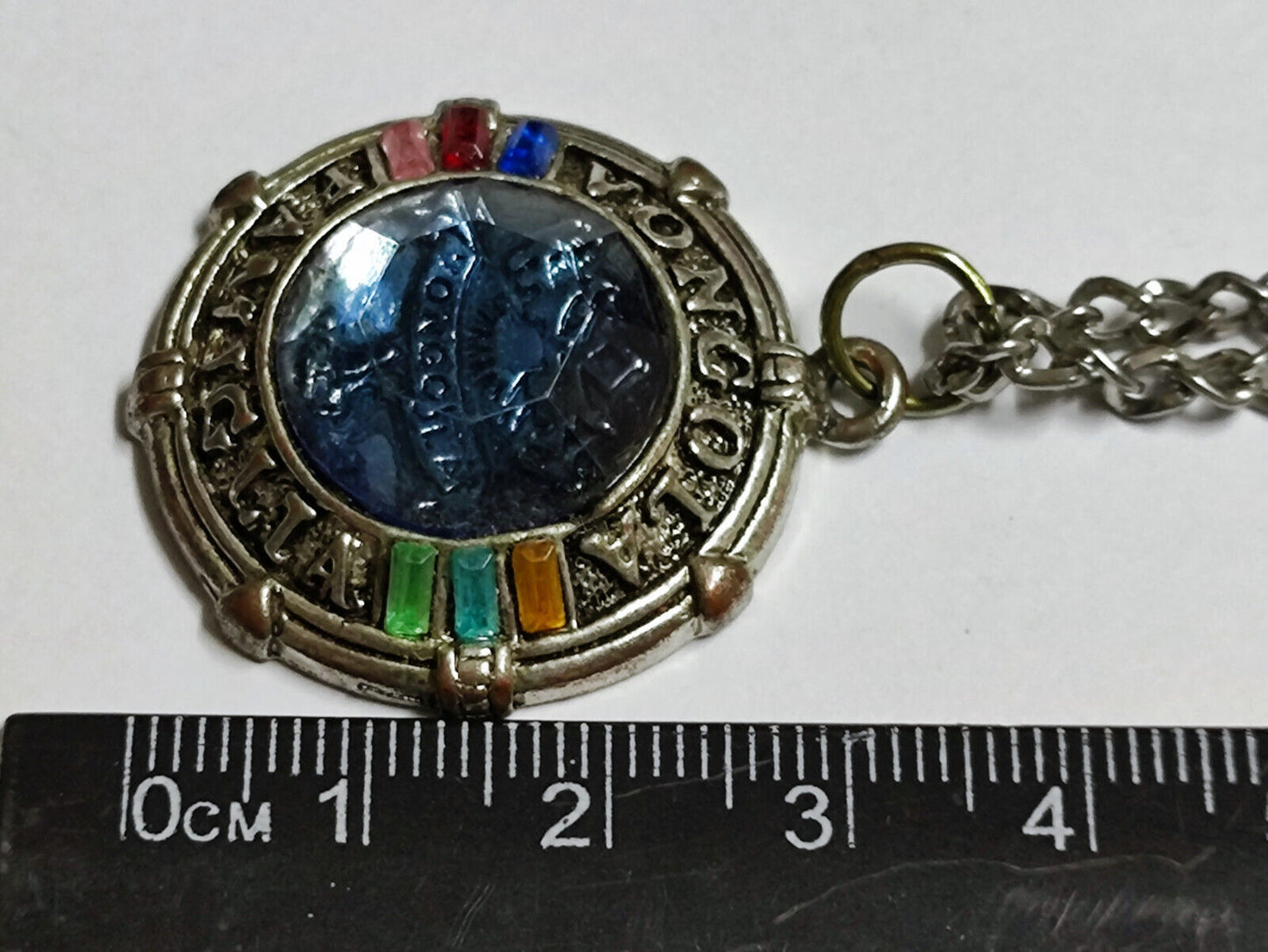 AMM68 STUNNING VINTAGE SILVER TONE 24'' NECKLACE  RHINESTONE PENDANT BLUE JF004