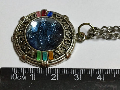 AMM68 STUNNING VINTAGE SILVER TONE 24'' NECKLACE  RHINESTONE PENDANT BLUE JF004