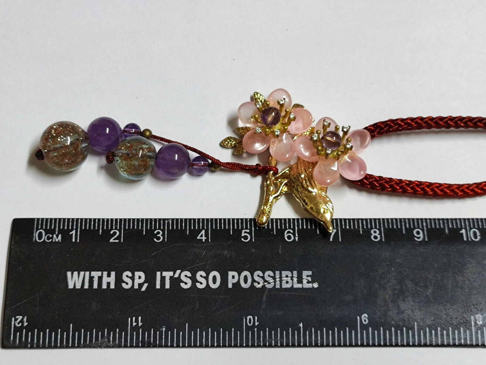 AMM68 STUNNING VINTAGE GOLD TONE NECKLACE 30'' PENDANT GLASS BEAD FLOWER (JF025)