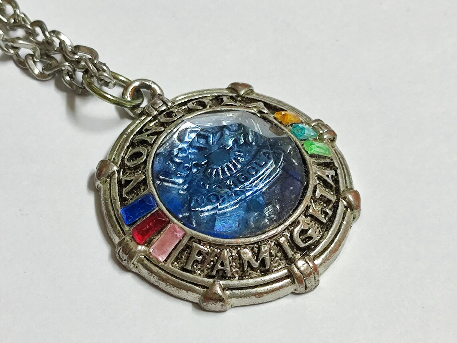 AMM68 STUNNING VINTAGE SILVER TONE 24'' NECKLACE  RHINESTONE PENDANT BLUE JF004