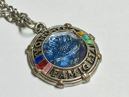 AMM68 STUNNING VINTAGE SILVER TONE 24'' NECKLACE  RHINESTONE PENDANT BLUE JF004
