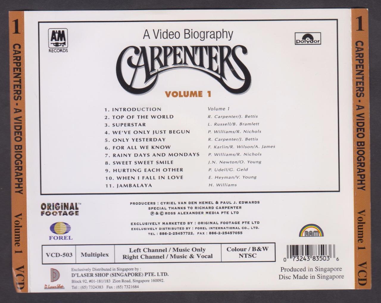 Carpenters Video Biography MV Karaoke Vol.1 Polydor Rare Singapore VCD FCS7013