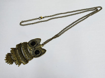 AMM68 STUNNING VINTAGE ESTATE BRONZE TONE 26'' NECKLACE PENDANT OWL (JF009)