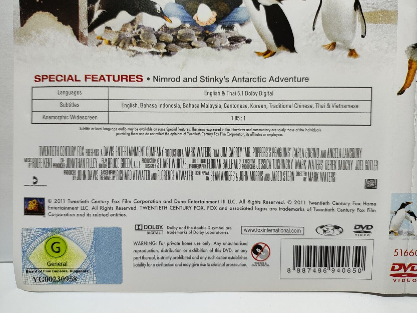 Movie Mr. Popper's Penguins DVD Disc & Cover Region 3 (NO Case) (DC032)