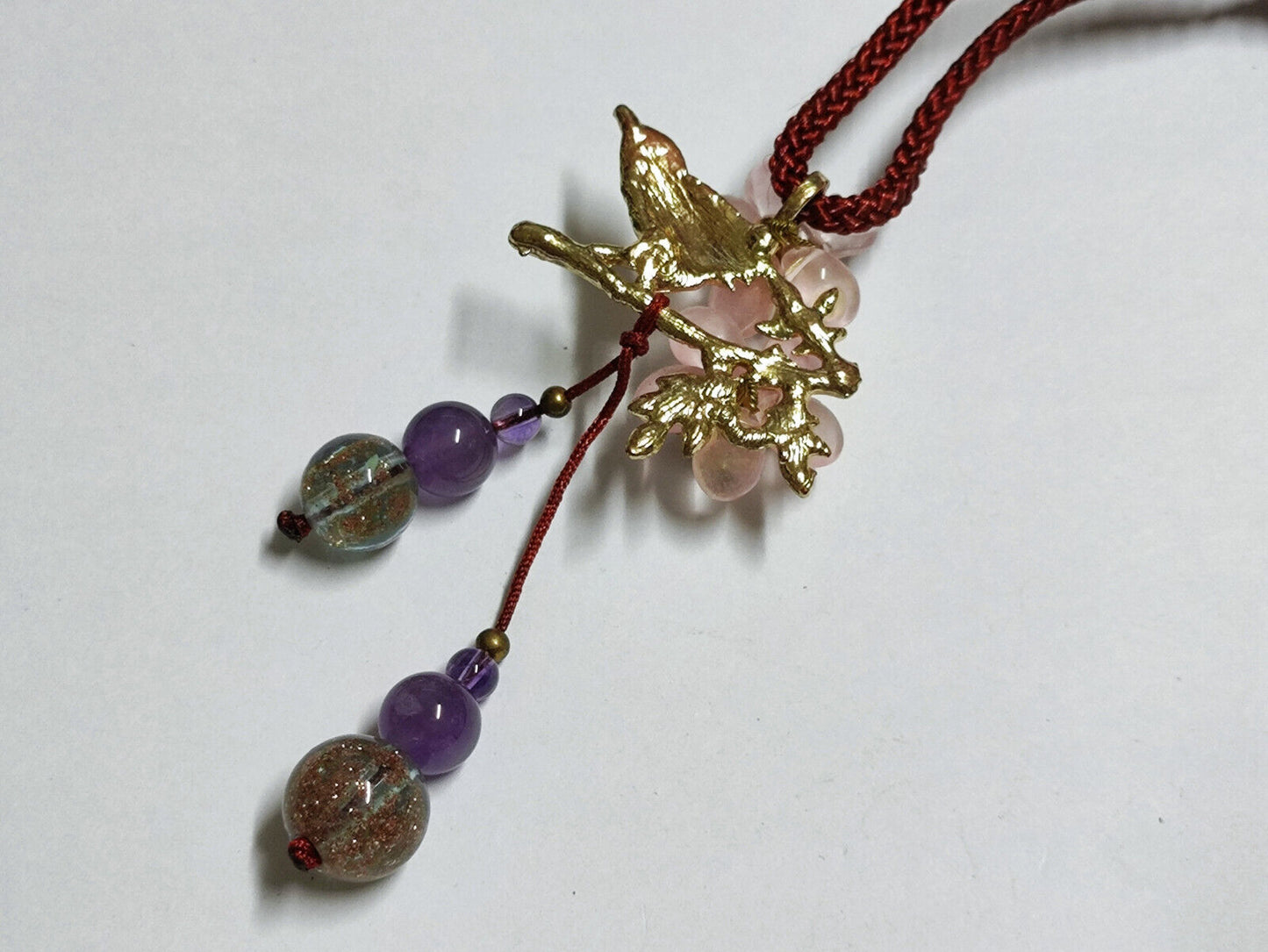 AMM68 STUNNING VINTAGE GOLD TONE NECKLACE 30'' PENDANT GLASS BEAD FLOWER (JF025)