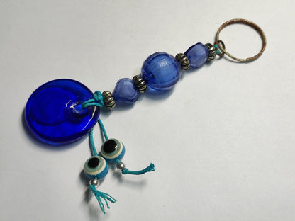 AMM68 STUNNING VINTAGE KEYCHAIN KEYRING BLUE EVIL EYEBALL HANDMADE (JF072)