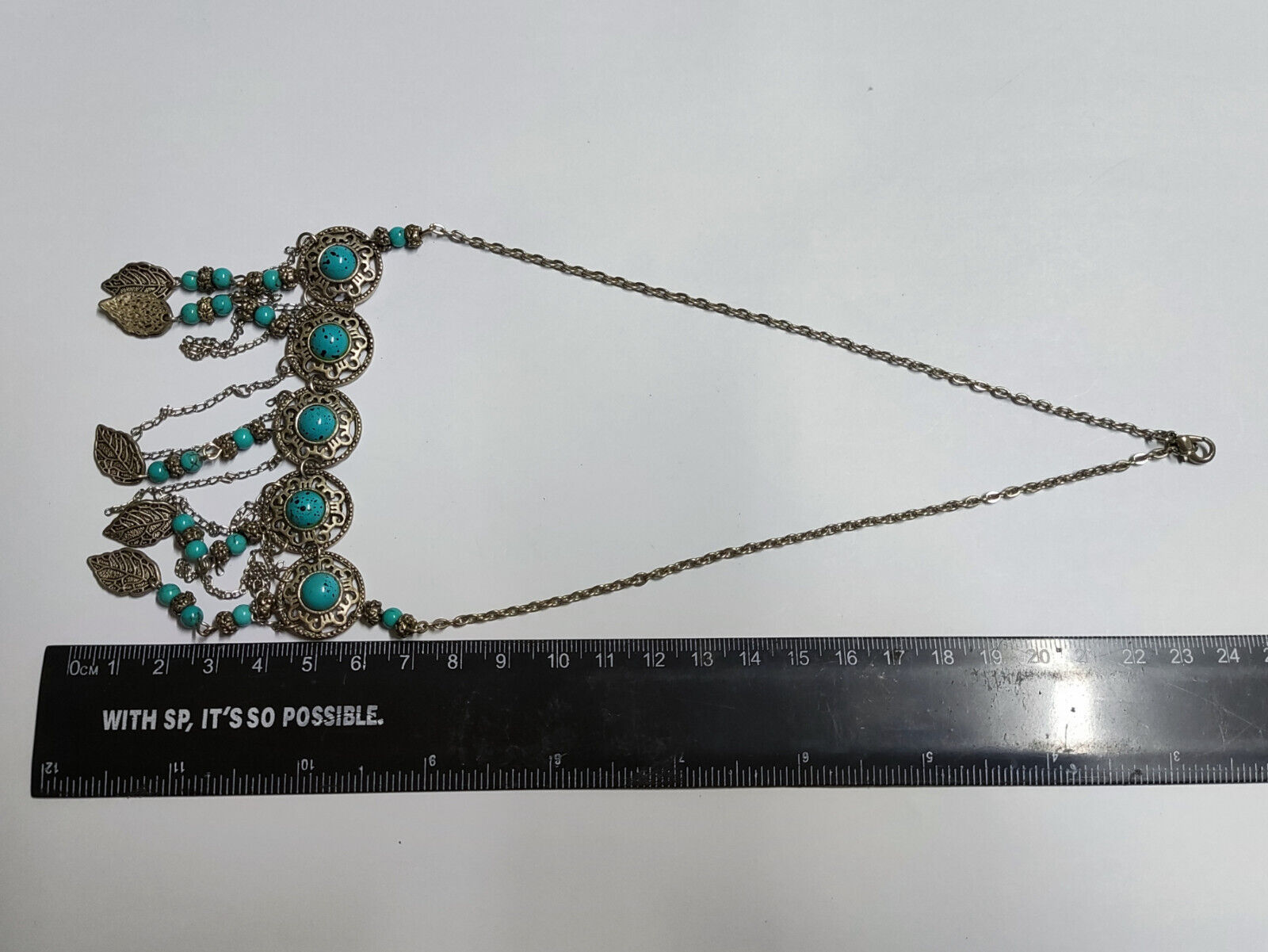 AMM68 STUNNING VINTAGE ESTATE SILVER TONE 17'' NECKLACE PENDANT TURQUOISE JF024