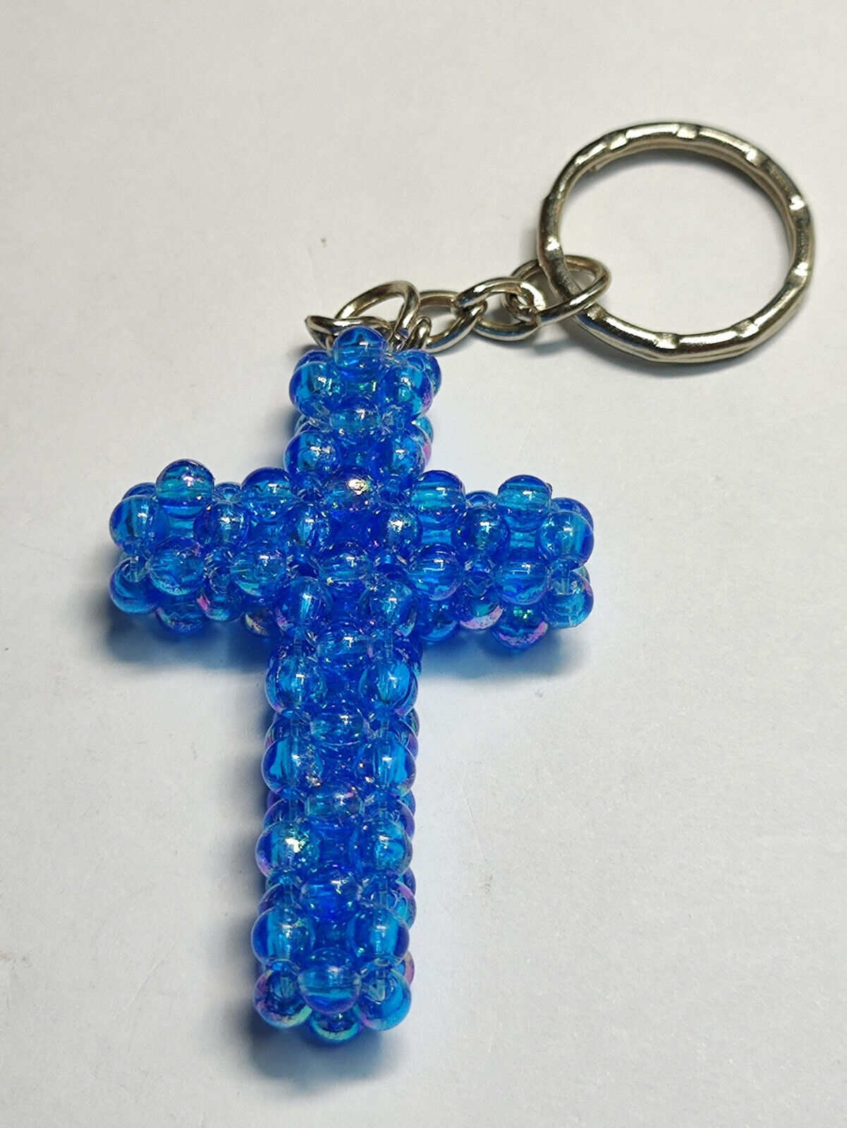 AMM68 STUNNING VINTAGE KEYCHAIN KEYRING BLUE CROSS RHINESTONES BEADED (JF059)