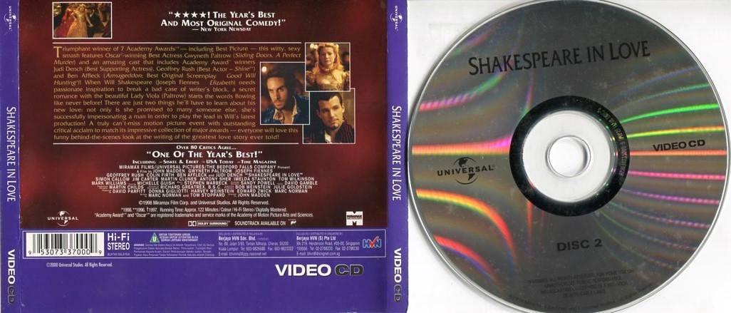 Movie Shakespeare In Love 1998 Gwyneth Paltrow Rare Singapore 2x VCD OOP FCS4825