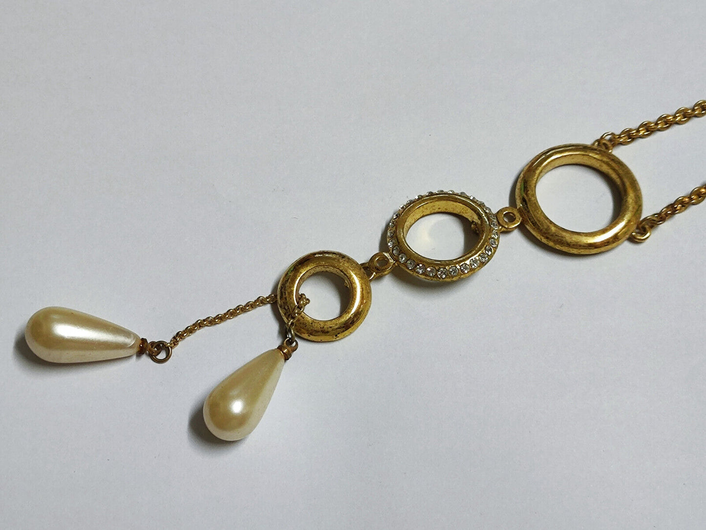 AMM68 STUNNING VINTAGE RHINESTONE PEARL GOLD TONE 23'' NECKLACE PENDANT (JF003)