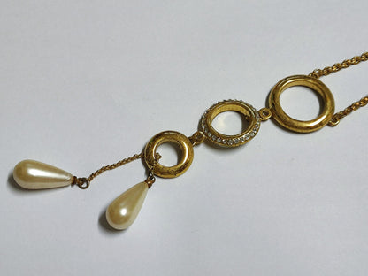 AMM68 STUNNING VINTAGE RHINESTONE PEARL GOLD TONE 23'' NECKLACE PENDANT (JF003)