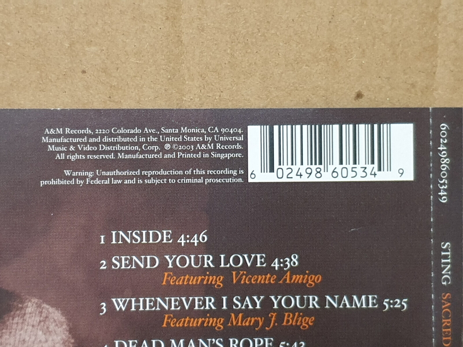 Sting 2003 Sacred Love Inside Send Your Love English Singapore CD (FCS10552)