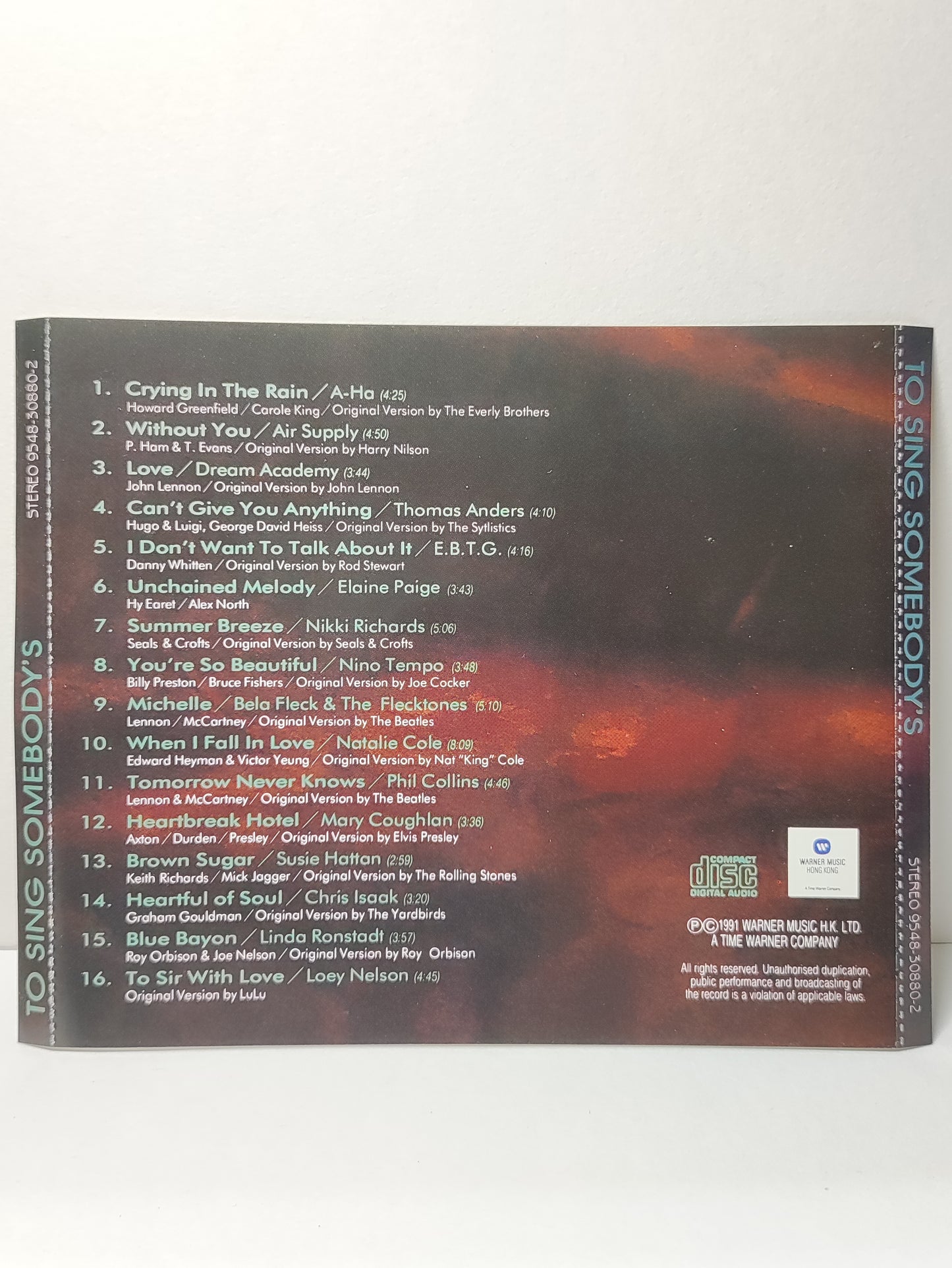 AMM25 TO SING SOMEBODY'S A-HA AIR SUPPLY ELAINE PAIGE NATALIE COLE 1991 Hong Kong English CD FCP033
