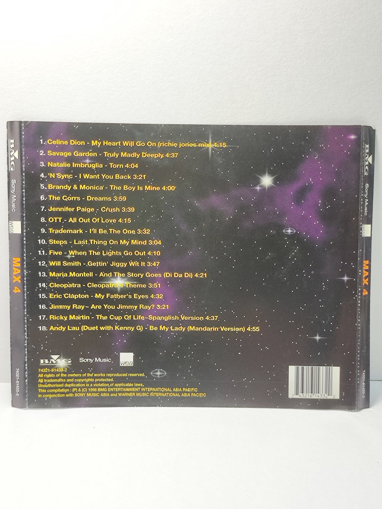 AMM25 MAX 4 18 ORIGINAL HITS CELINE DION SAVAGE GARDEN THE CORRS STEPS FIVE 1998 ASIA English CD FCP056