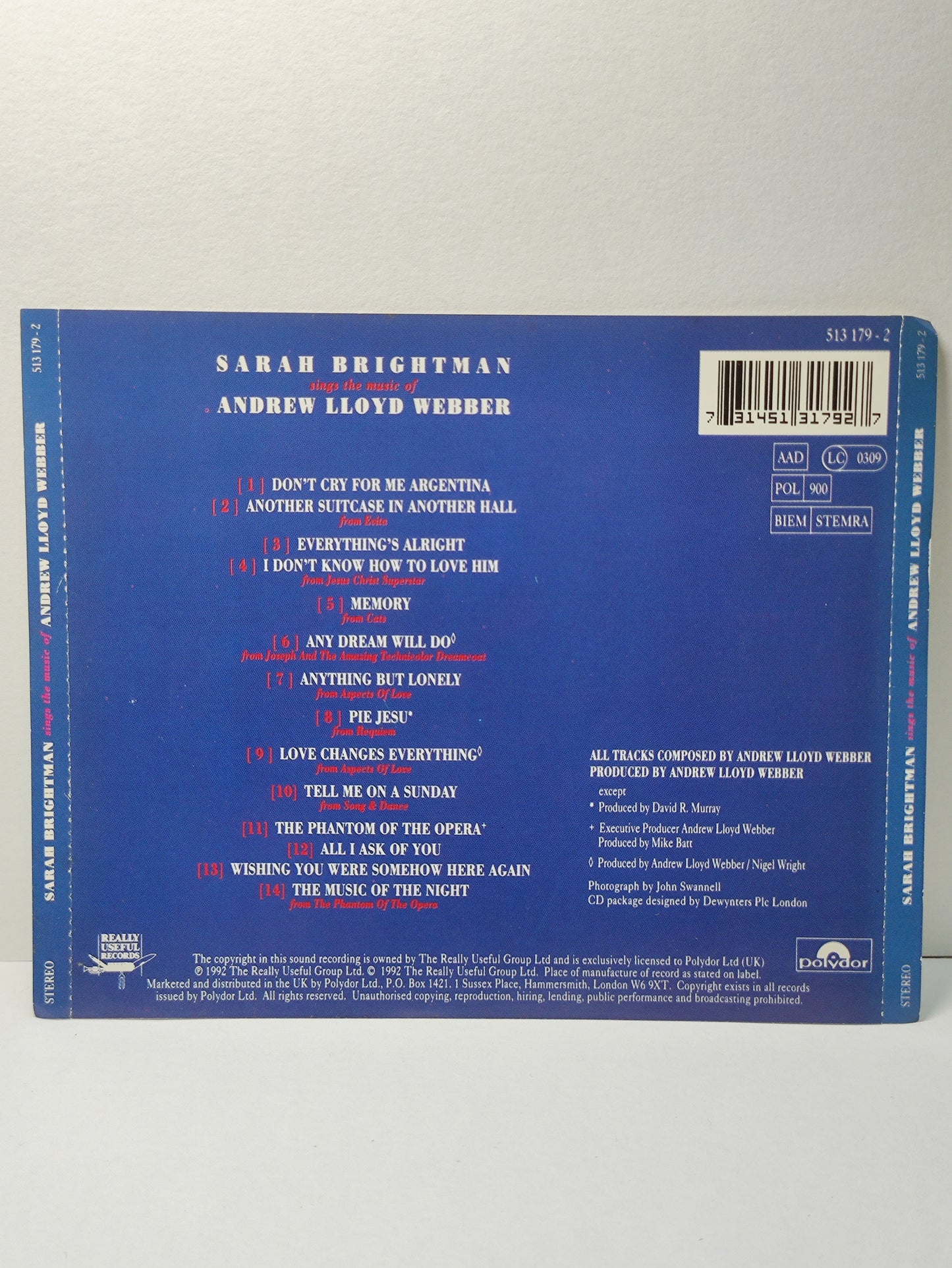 AMM25 SARAH BRIGHTMAN ANDREW LLOYD WEBBER SINGS THE MUSIC OF 1992 UK English CD FCP074