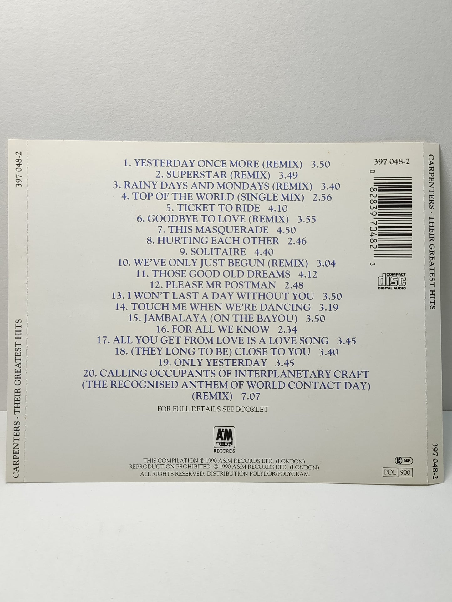 AMM25 CARPENTERS · THEIR GREATEST HITS YESTERDAY ONCE MORE SUPERSTAR ONLY YESTERDAY FRANCE ENGLISH CD FCP108