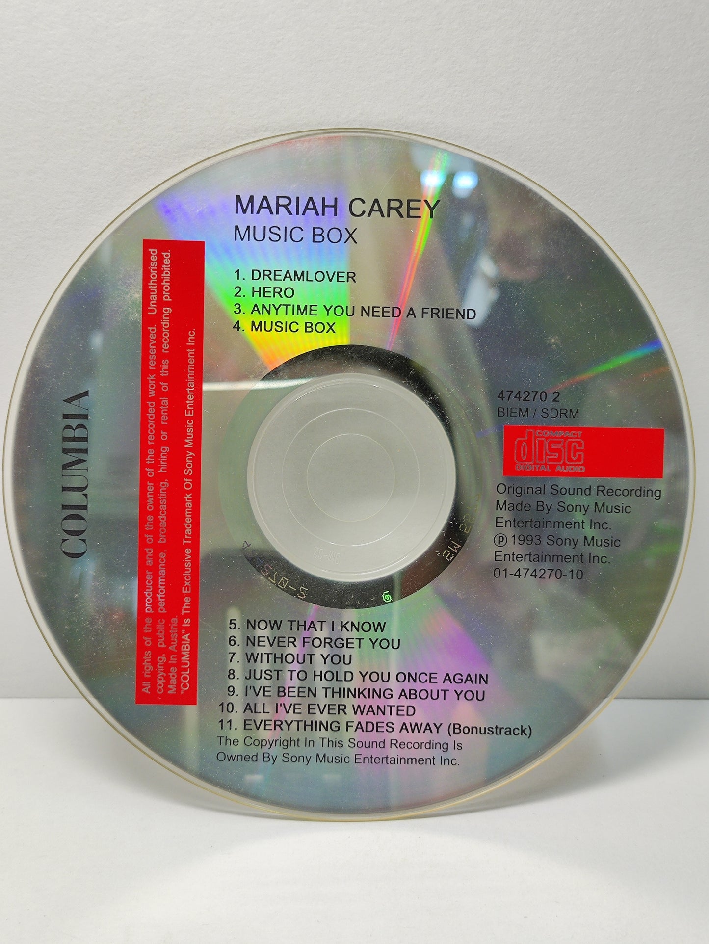 AMM25 MARIAH CAREY MUSIC BOX DREAMLOVER HERO ANYTIME YOU NEED A FRIEND 1993 SONY USA ENGLISH CD FCP109