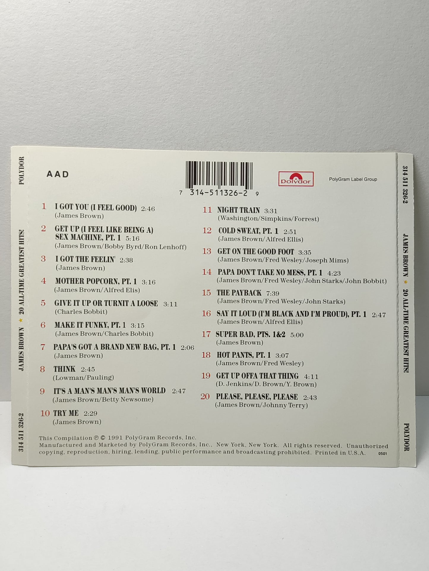 AMM25 JAMES BROWN 20 ALL-TIME GREATEST HITS! I GOT YOU (I FEEL GOOD) IT'S A MAN'S MAN'S MAN'S WORLD 1991 USA ENGLISH CD FCP207